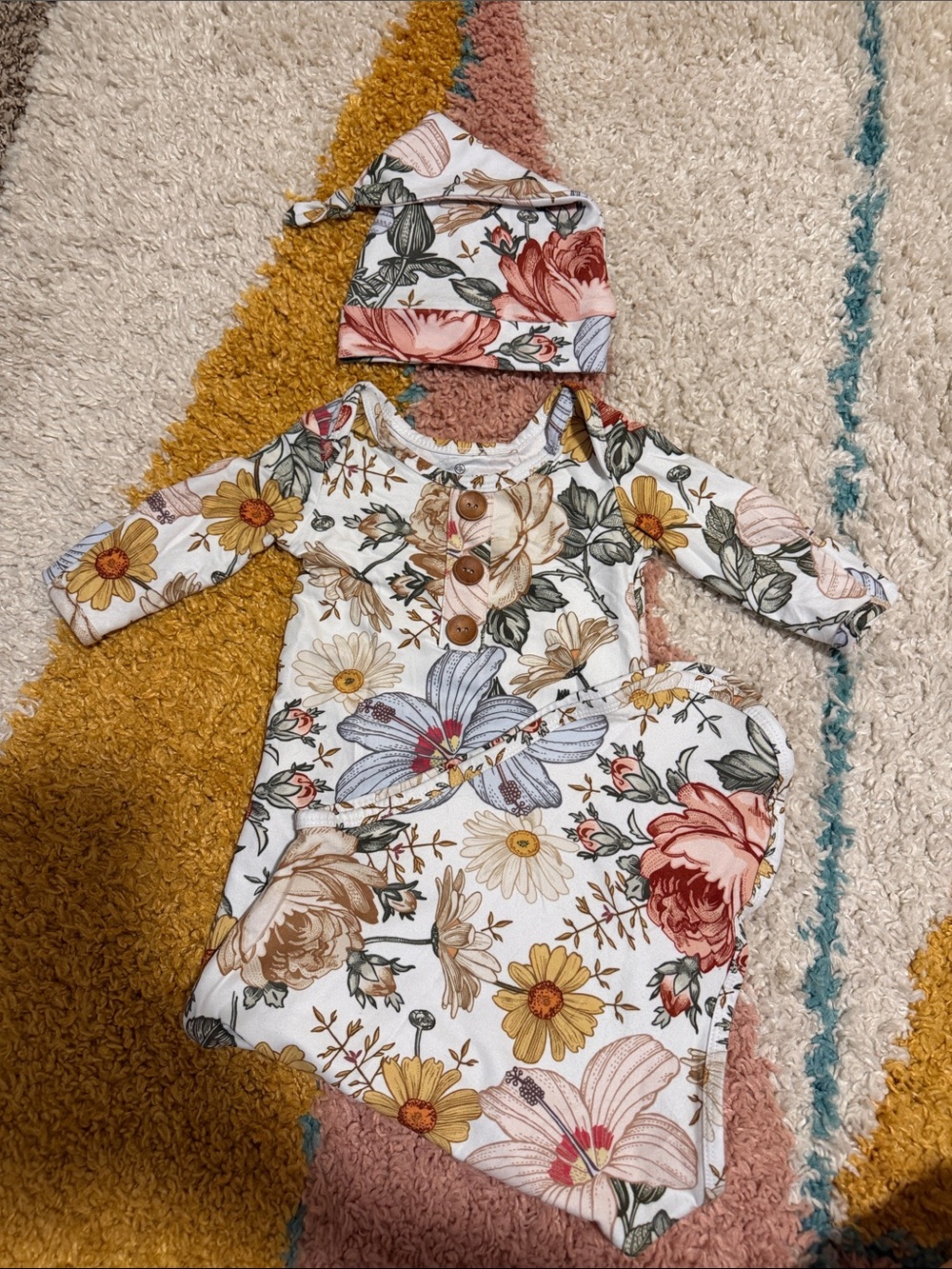 Caden Lane White and neutral floral knot gown and matching hat